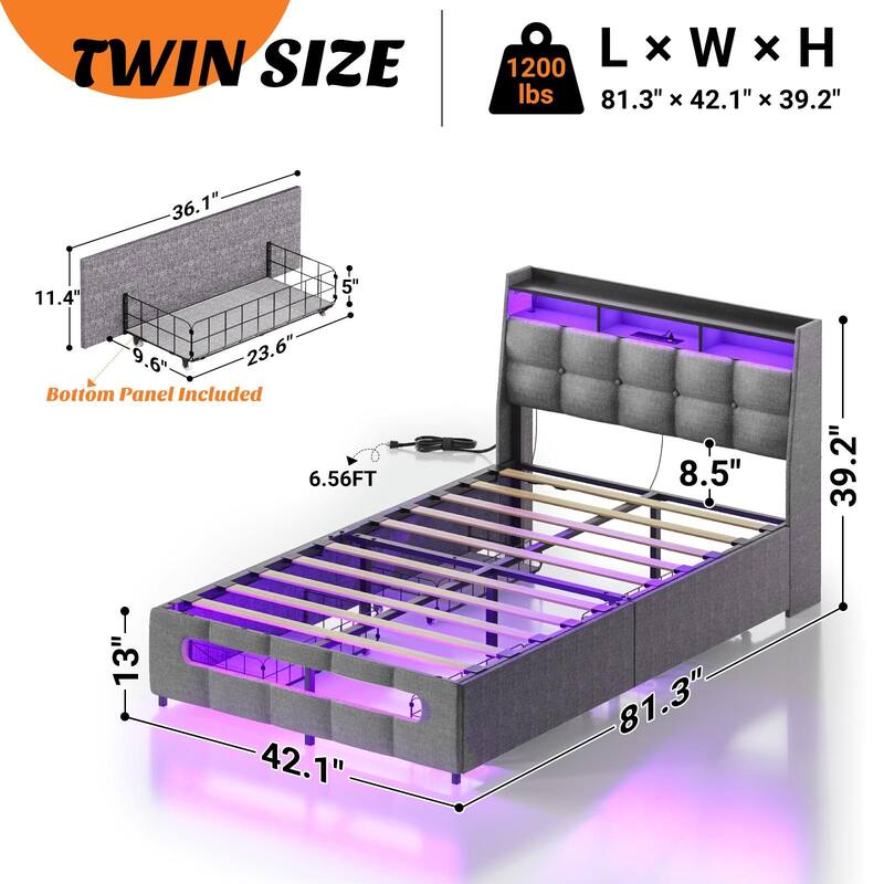 Bed Frame with Upholstered Headboard and 4 Drawers,Plateform Bed with Charging Station and RGB LED Lights - Grey - Twin