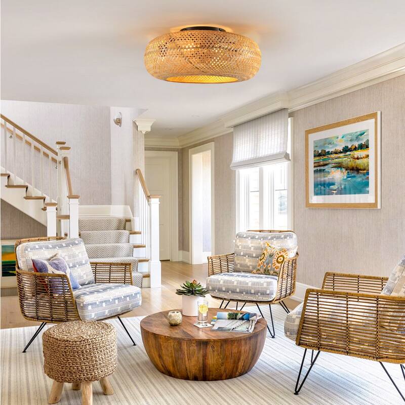 19" Rattan Ceiling Fan with 4 Bulbs, Dimmable, Remote Control,7 Blades, Reversible DC Motor - Yellow Brown