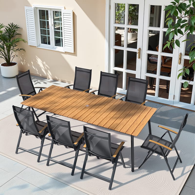 9-Piece Set Outdoor Aluminum Dining Table and Foldable Adjustable Dining Chairs - Brown