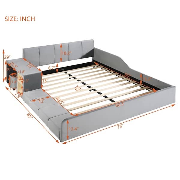 dimension image slide 0 of 3, Queen Size Upholstered Mother & Child Platform Bed w/ Bedside Desk & Little Round Stool