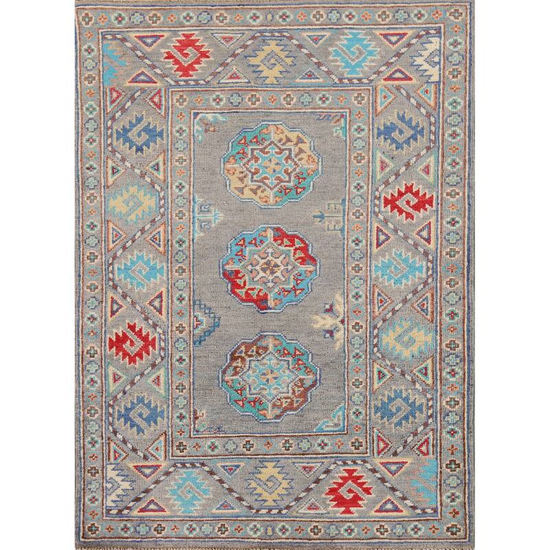 All-Over Gray Kazak Oriental Foyer Rug Hand-Knotted Wool Carpet - 2'8" x 4'1"