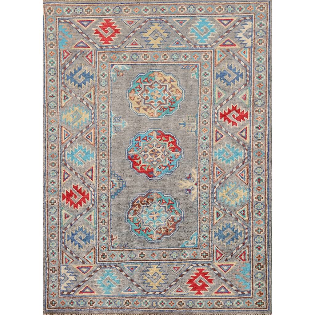 All-Over Gray Kazak Oriental Foyer Rug Hand-Knotted Wool Carpet - 2'8" x 4'1"