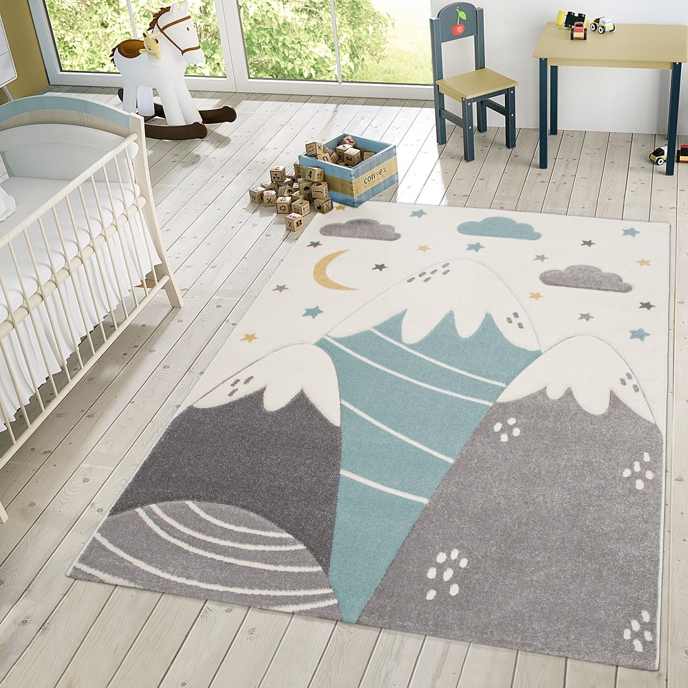 Kids Rug for Nursery Mountains Starry-Sky in Light Blue Cream Pastel