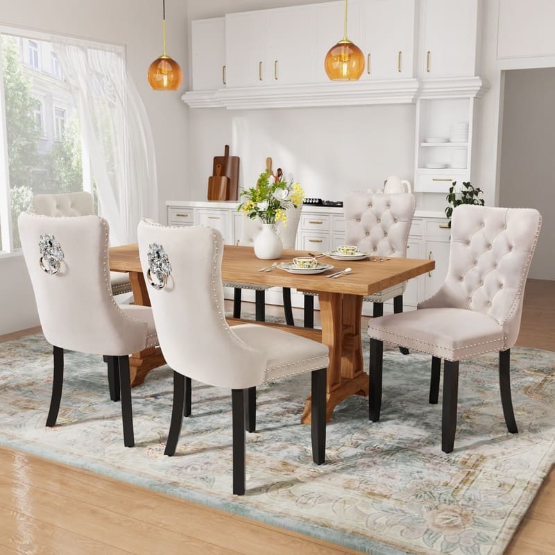 Solid Wood Velvet Upholstered Dining Chair Set of 6 - Beige