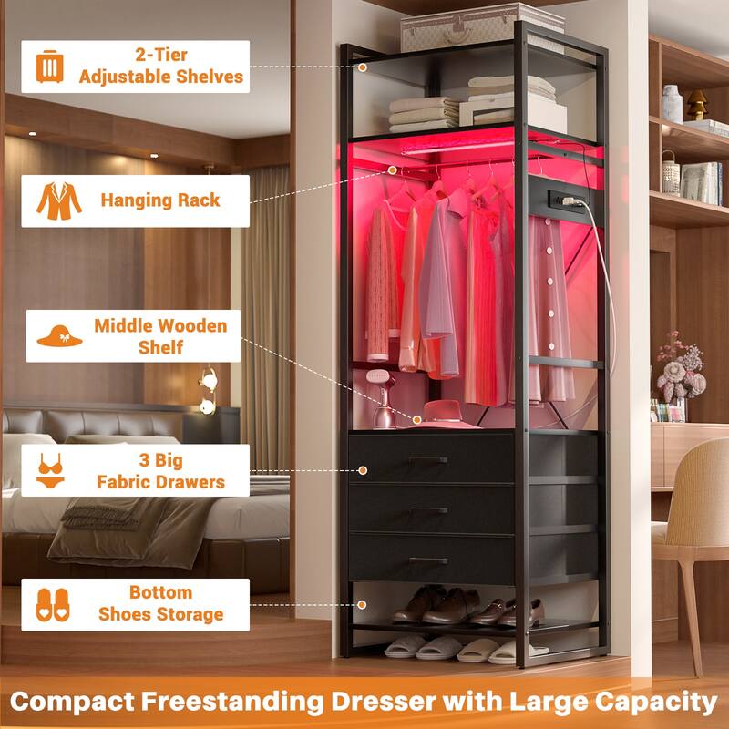75 '' Tall Garment Rack with 3 Fabric Drawers, 4-Tier Clothing Rack with Power Outlets & LED Lights