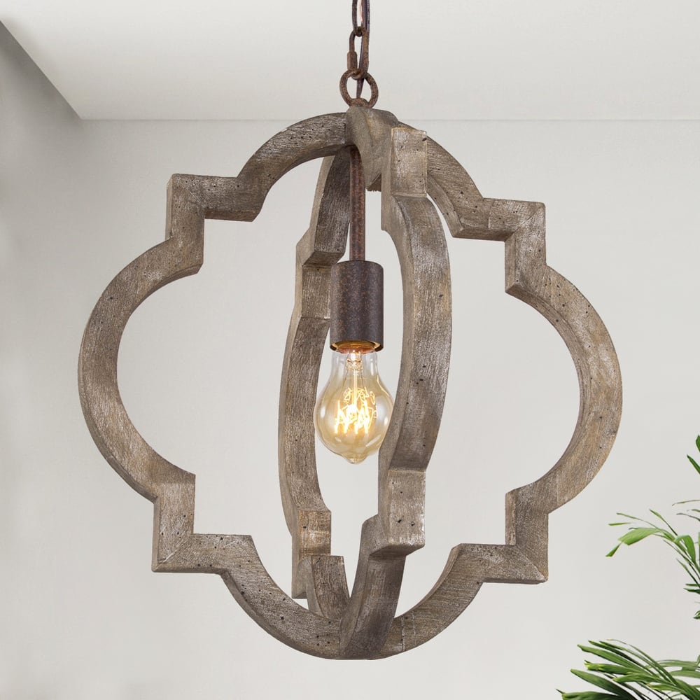 Farmhouse 1-Light Wood Lantern Chandelier Kitchen Island Pendant Lights - D 16"x H 17.5"