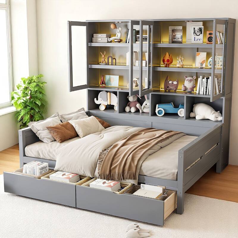 Multifunctional Twin/Full Daybed with Storage Cabinets, LED Lighting, and Shelves - Grey - Full
