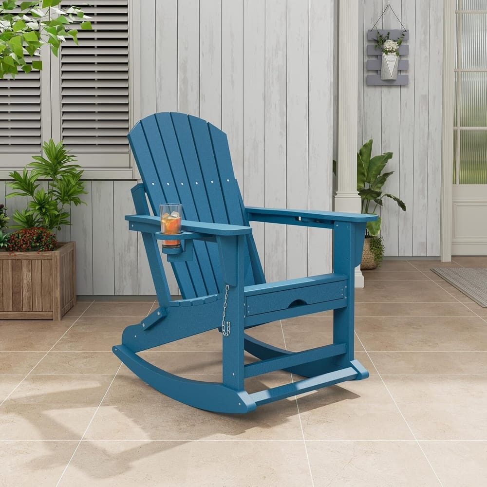 Folding Rocking Adirondack Chair with Retractable Ottoman and Cup Holder
