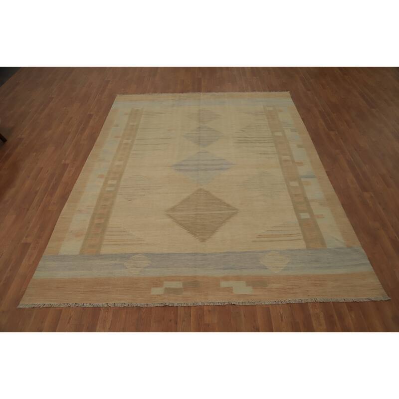 Hand Woven Oriental 100% Wool Carpet Southwestern Tribal Beige & Ivories Kilim Area Rug - 9' 9'' X 7' 8''