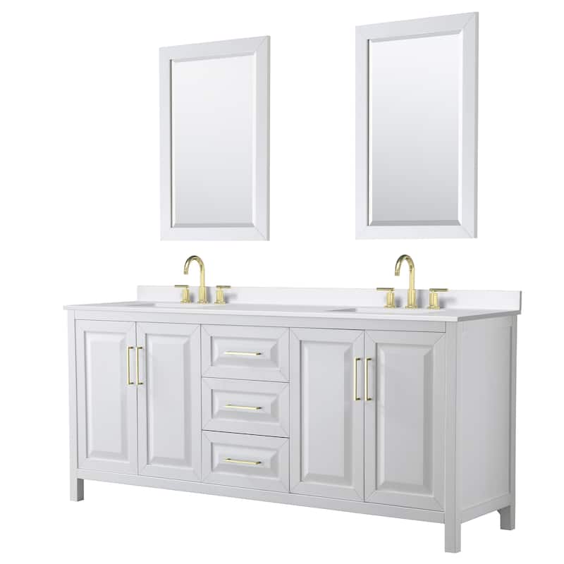 Daria 80-inch Double Vanity, 3 Hole Quartz Top, 24-inch Mirrors - White, Gold Trim, White Quartz Top