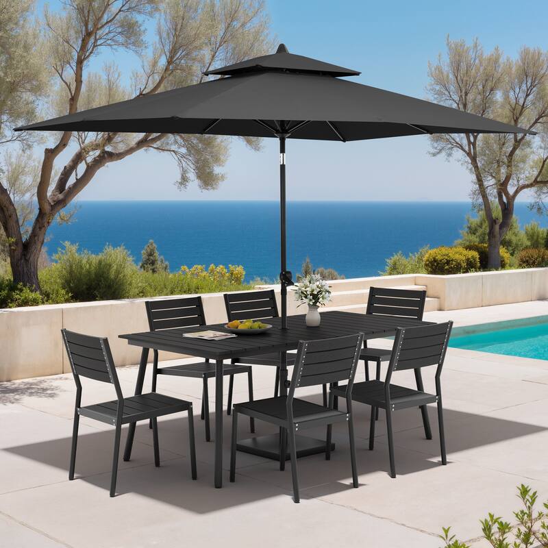 9PC Outdoor Patio Dining Set Aluminum Table with Stackable Chairs w/ Market Umbrella Set - BlackTable&BlackChairs&BlackUmbrella