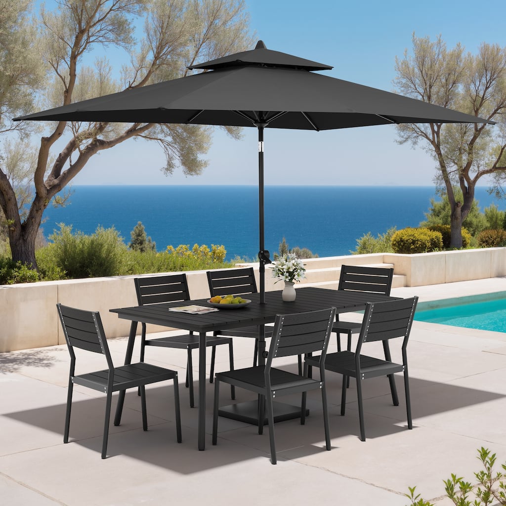 9PC Outdoor Patio Dining Set Aluminum Table with Stackable Chairs w/ Market Umbrella Set