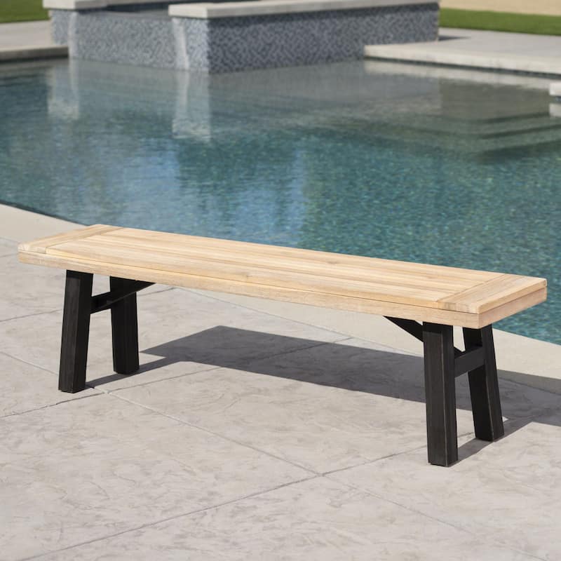 Roomfitters Outdoor Acacia Wood Patio Bench with Slat Panel Seat and Black Metal Legs - Natural