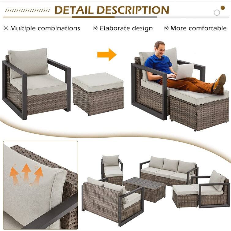 EROMMY 7 Piece Outdoor Patio Furniture Set with Cushions, All-Weather Rattan Sectional Sofa, Aluminum Frame, Coffee Table