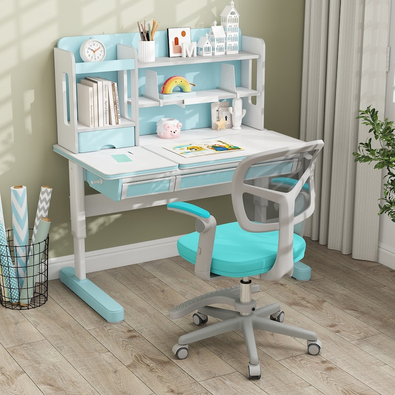 Height Adjustable Children Desk Chair with Swivel Base and Lumbar Support Smooth Wheels - 22.5" x 21.5" x 31.5"-36"