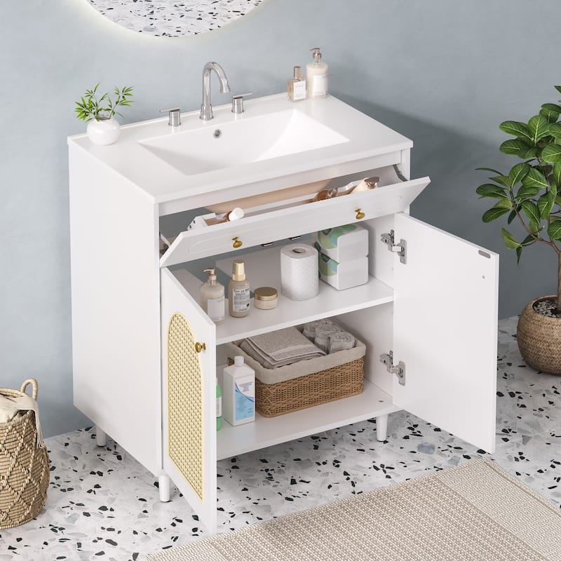 30" Bathroom Vanity with Ceramic Sink - Solid Wood Frame Cabinet with Adjustable Shelf, Tip-Drawer & Rattan Panels
