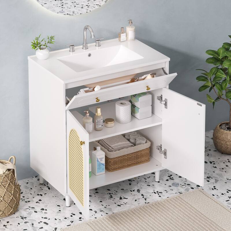Woven Rattan Bathroom Vanity / Single Ceramic Sink Bathroom Cabinet