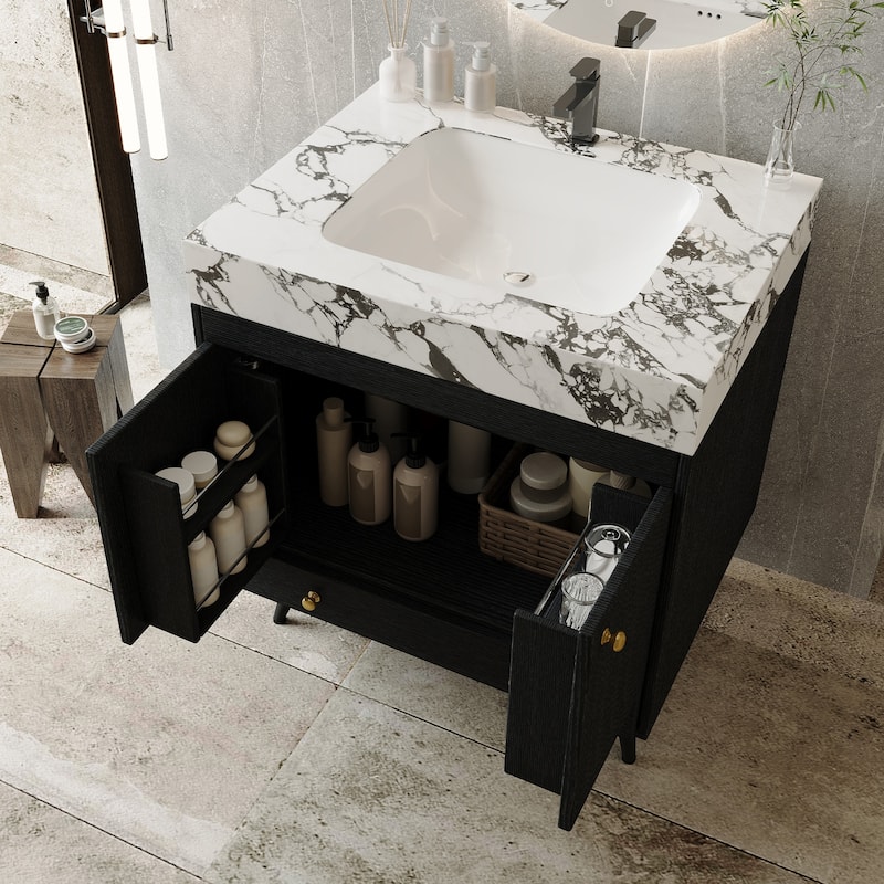 Mid-Century 30" Freestanding Bathroom Vanity with Faux Marble Top, Ceramic Sink & Gold Legs Cabinet