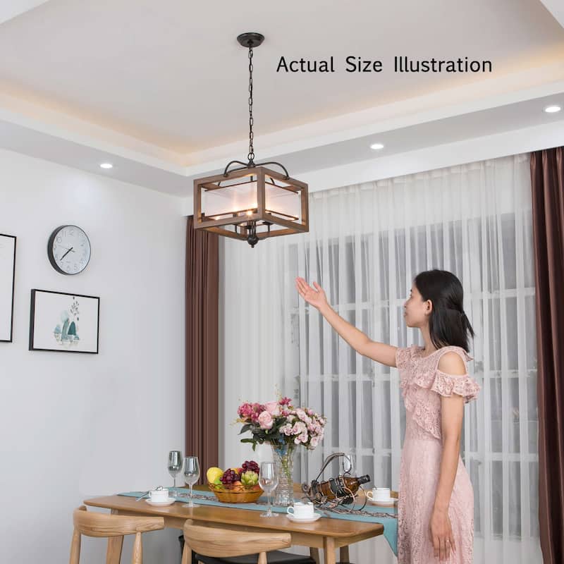 Alina Antique Black Metal Natural Wood Chandelier with Fabric Shade