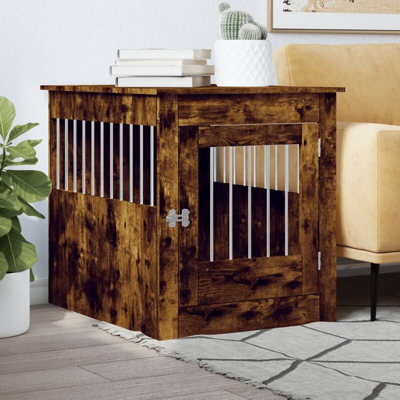 vidaXL Dog Crate with Door Doghouse Puppy Kennel Peg Cage Engineered Wood - 25.4" x 31.5" x 28" - Smoked oak