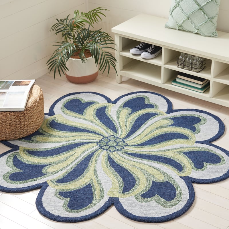 SAFAVIEH Handmade Novelty Erinka Floral Wool Rug - 6' Round - Navy/Green