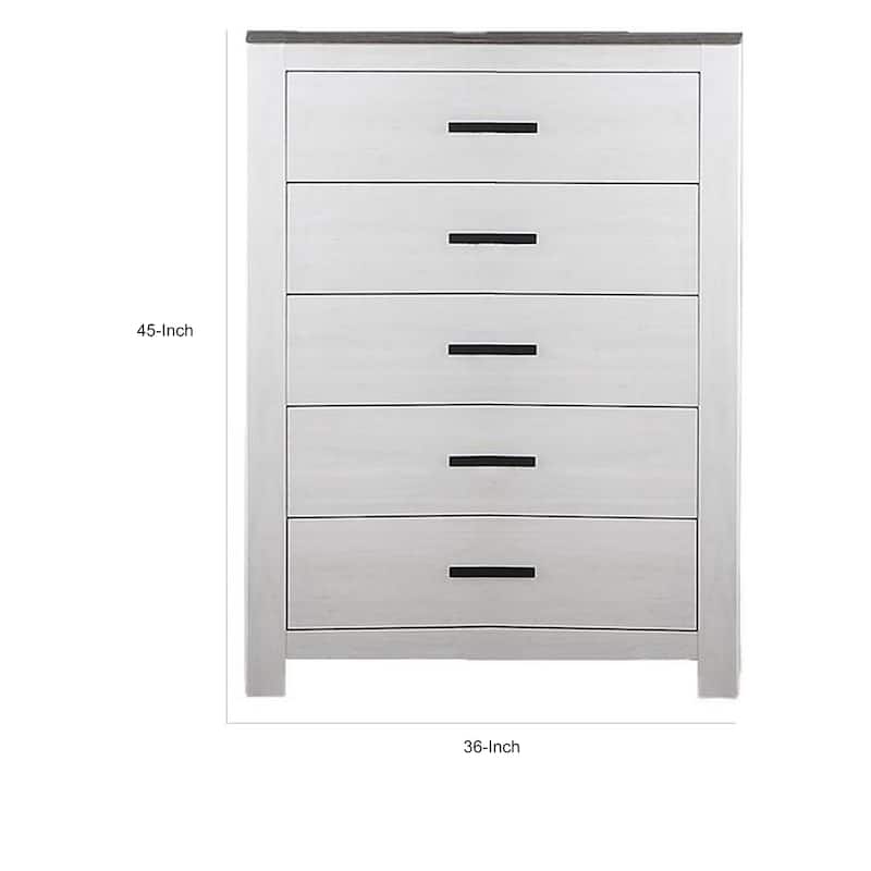 Kopa 45 Inch Tall Dresser Chest, 5 Drawers, Black Handles, White Wood