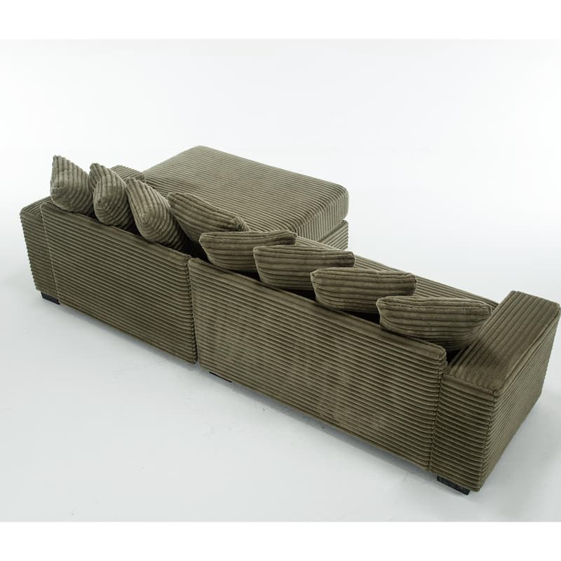 111" Corduroy Upholstered L-Shaped Sectional Sofa with Oversized Chaise Longue and 8 Throw Pillows