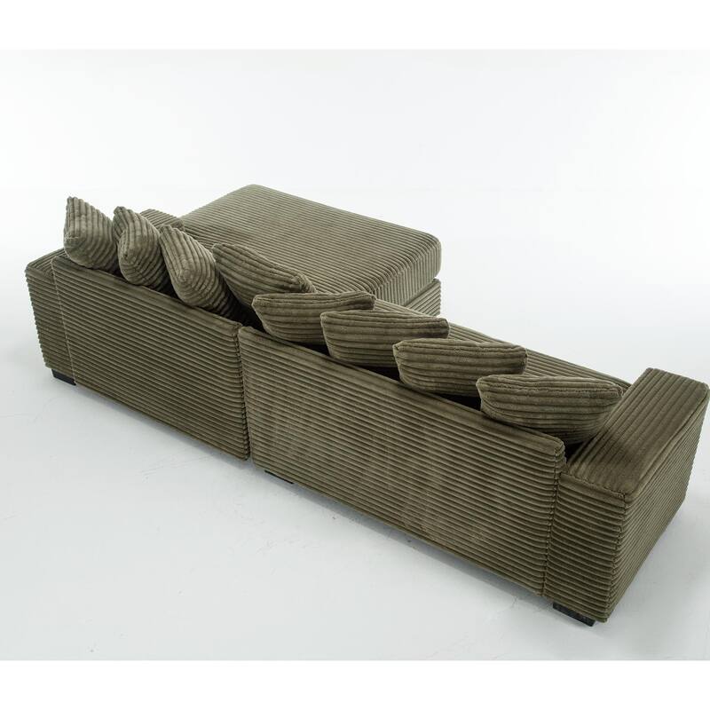 Oversized Two-Piece L Shaped Corduroy Sofa with Right Chaise Daybed, Eight Throw Pillows, Green