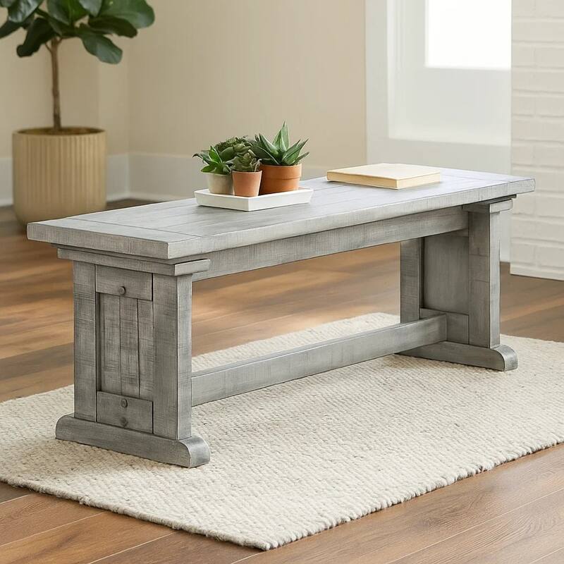 Bench, 48 Inch Wide Farmhouse Plank Style Seat, Gray Pedestal Base