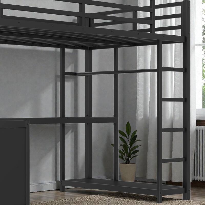 Twin XL Metal Loft Bed with Wardrobe and L-Shaped Desk, Storage Shelves and Cubes, Space-Saving Loft Bed for Kids Teens Adults
