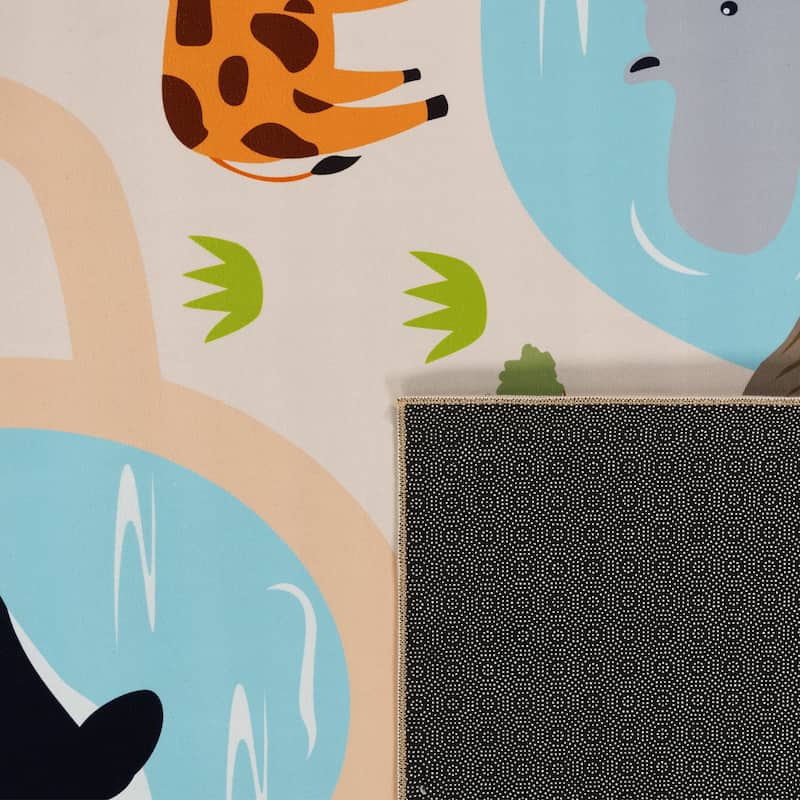 Kids Rug Wild Animals Play Mat in Beige Multicolor