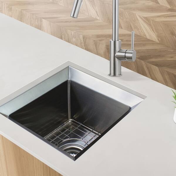 slide 2 of 11, Transolid 15-in x 15-in x 9-in Undermount Stainless Kitchen/Bar Sink, SinkPocket, Grid, Strainer - 15-in x 15-in x 9-in
