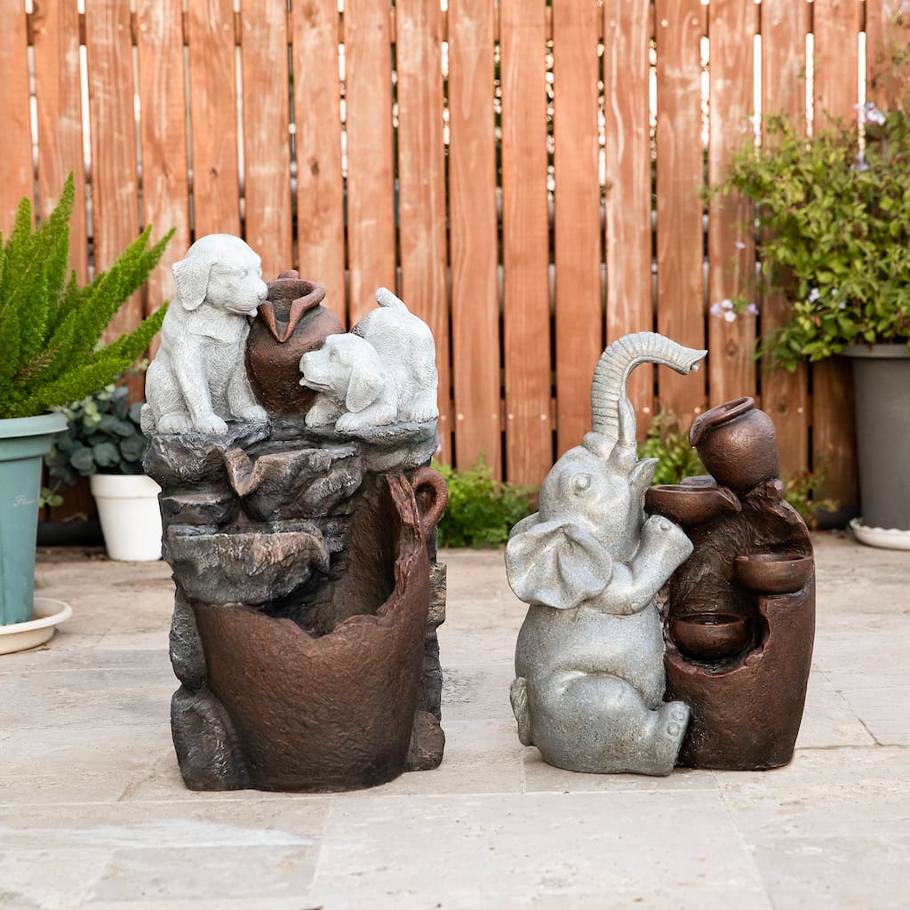 Glitzhome 4-Tiered Dogs or Elephant and Pot Polyresin Outdoor Fountain with Pump and LED Light