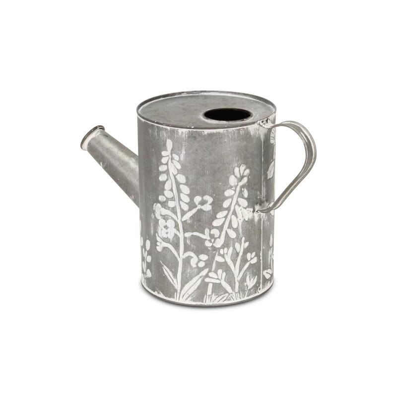 HomeRoots 8" Gray And White Galvanized Metal Flowers Hand Painted Decorative Watering Can - 13.25 in. x 8.25 in. x 6.25 in.