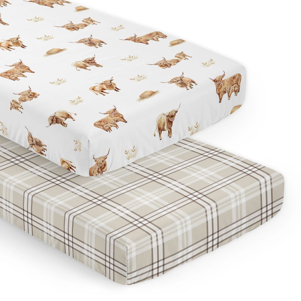 Sweet Jojo Designs Boho Highland Cow Boy, Girl, Gender Neutral 2 Pack Fitted Crib Sheets - Taupe Plaid & Farm Animal, Farmhouse