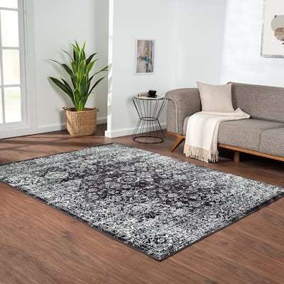 Distressed Vintage Persian Area Rug - Black and Cream, Machine Woven, Medium Soft Pile, Stain Resistant