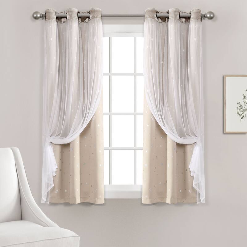 Lush Decor Star Sheer Insulated Grommet Blackout Window Curtain Panel Pair - 63 Inches - Neutral