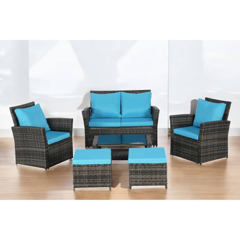 6-Piece Wicker Patio Furniture Set with Cushions & Coffee Table & Ottomans, Sofa for Outdoor Garden, Patio, or Balcony