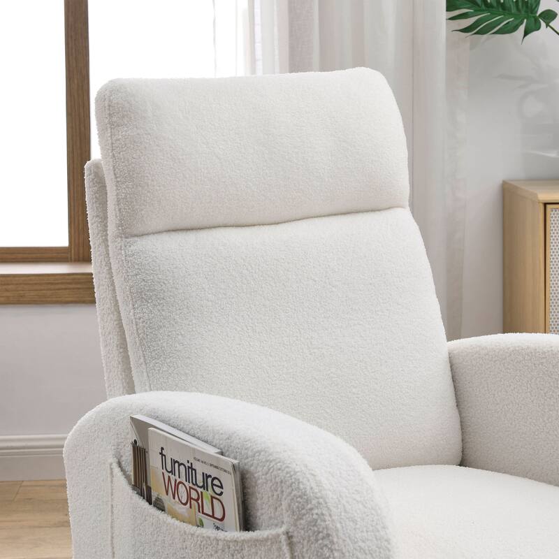 Ivory Modern 27.6" High Back Upholstered Rocking Chair with Two Side Pocket and Sturdy Thickened Rubber Wood Base