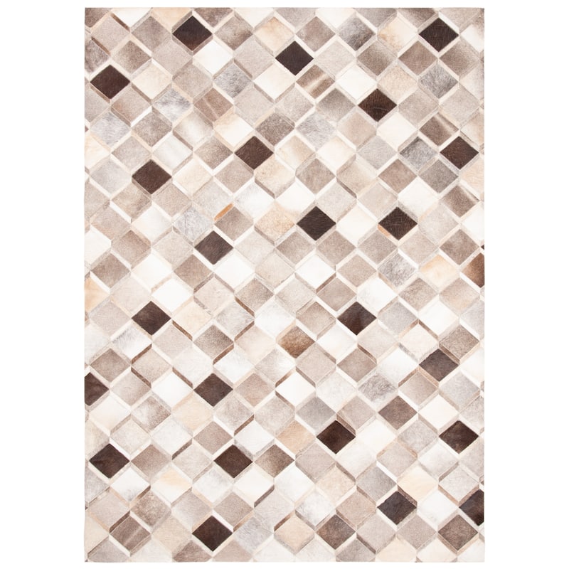 SAFAVIEH Handmade Studio Leather Cecily Natural Hide Leather Rug - 6' Square - Ivory/Grey