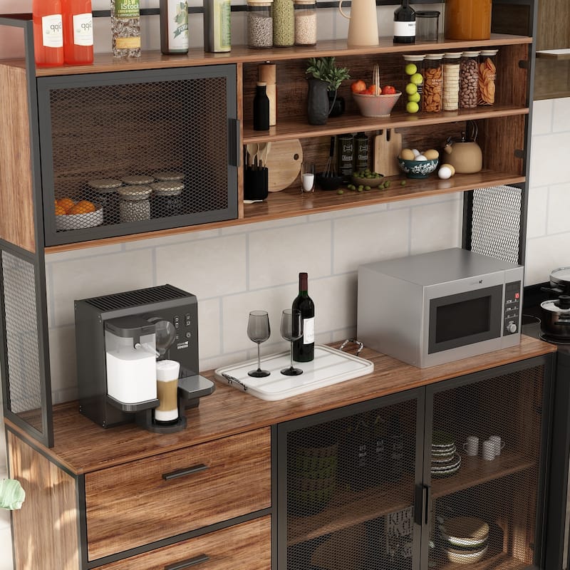 59"W 68.5"H Kitchen Pantry Microwave Storage Cabinet Buffet with Hutch