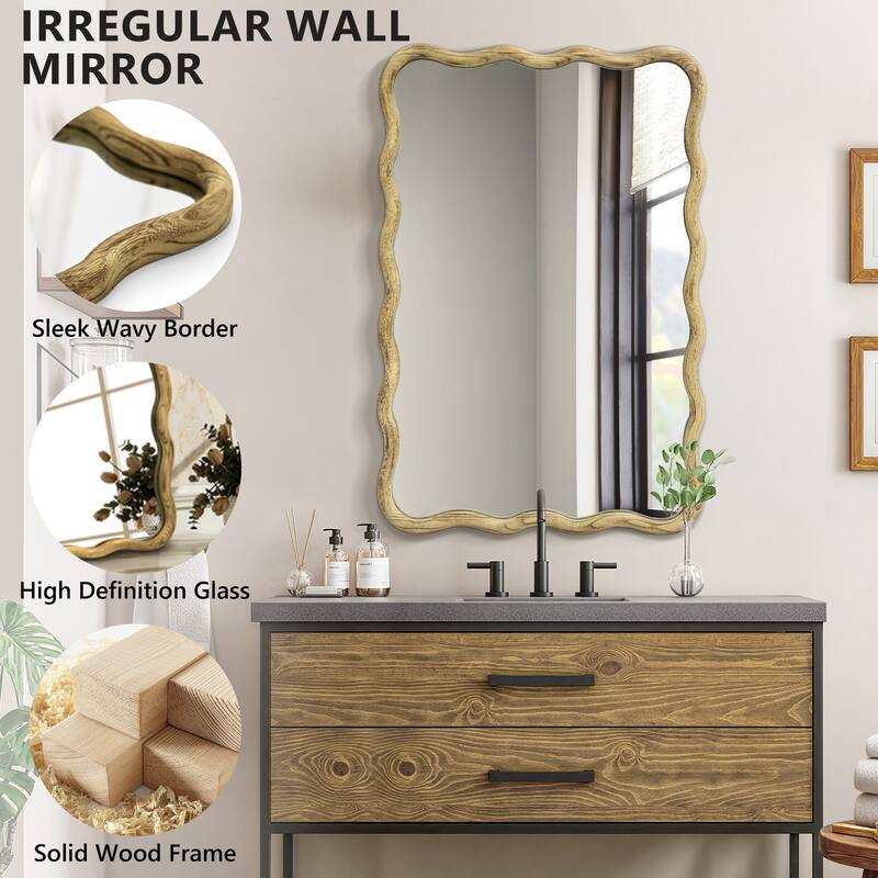 Scalloped Wood Frame Rectangle Wavy Wall Mirror