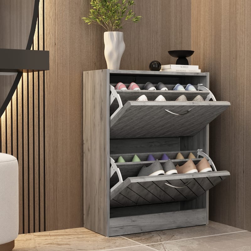 Kerrogee 8-12 Pair Shoe Storage Cabinet with 2 Fold Drawers Wood/ Grey
