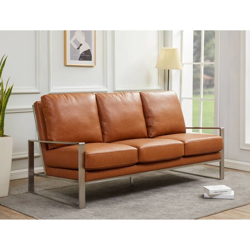 Leisuremod Jefferson Modern Design Faux Leather Sofa With Silver Frame - 77.1