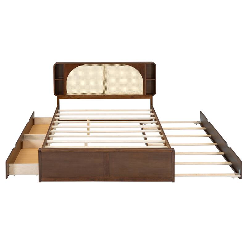 Elegant Queen Rattan Headboard Bed with 2 Drawers, Trundle, and 4 Storage Compartments