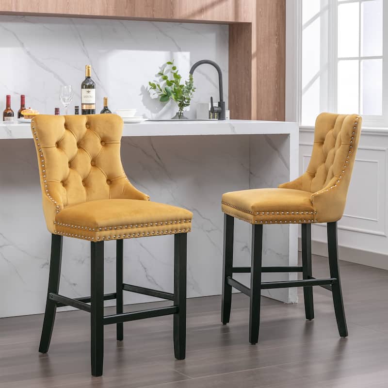 Velvet Bar Chairs Set of 2, Counter Height Bar Stools with Button Decor and Nailhead Trim, Dining Room Chairs with Back