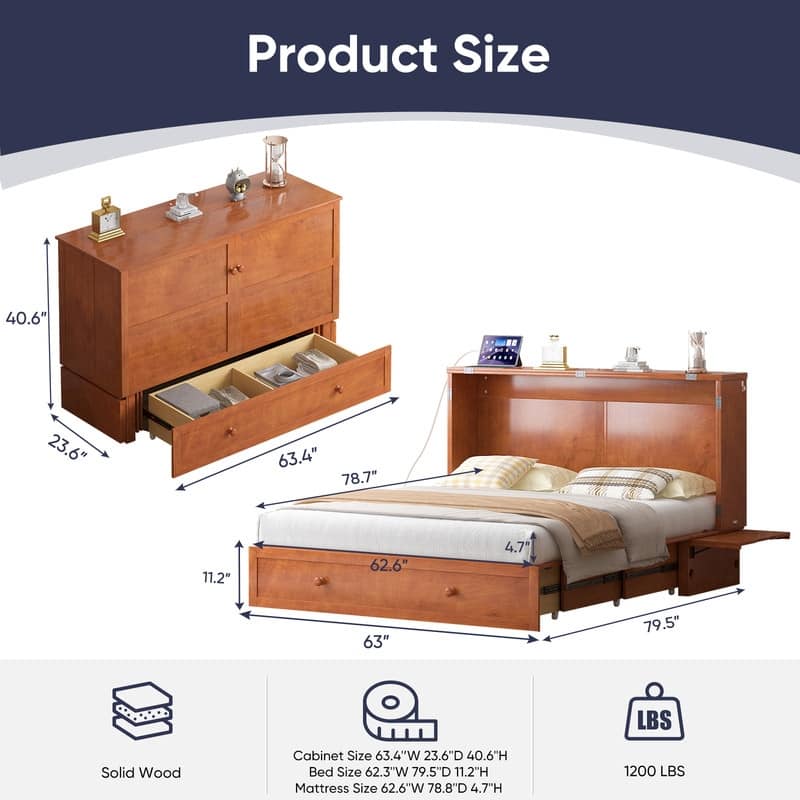 Mixoy Murphy Bed with Mattress,Modern Cube Foldable Cabinet Bed with Charging Station
