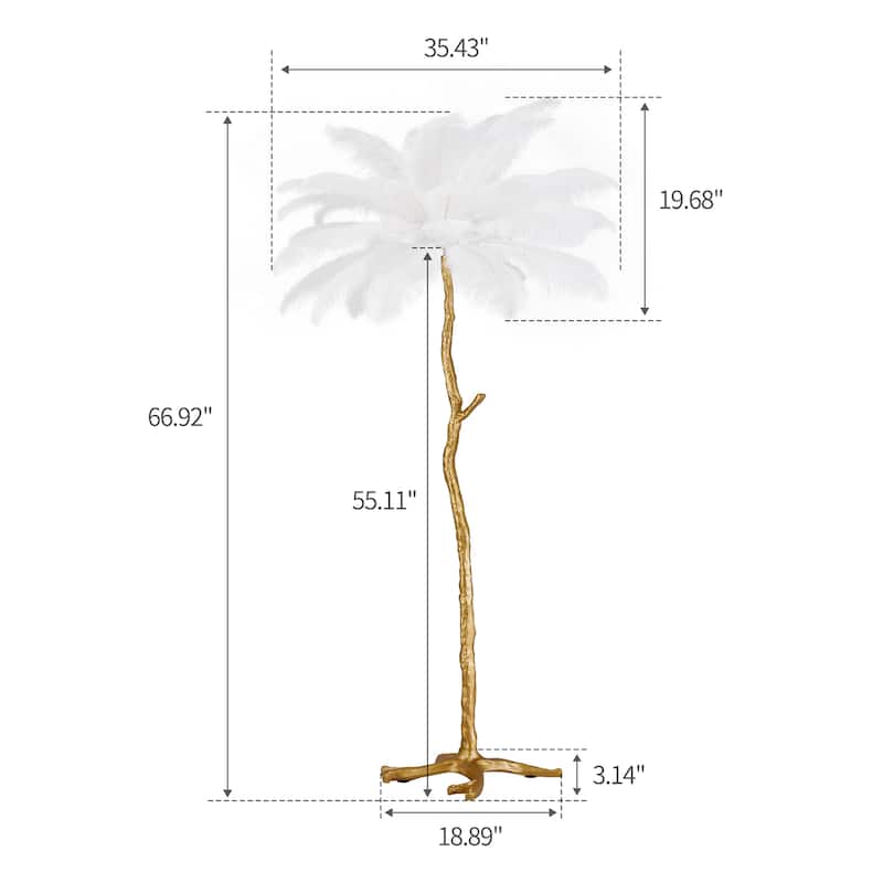 5-Light 35" Wide Novelty Golden Tree Branch LED Floor Lamp with White Ostrich Feather Shades