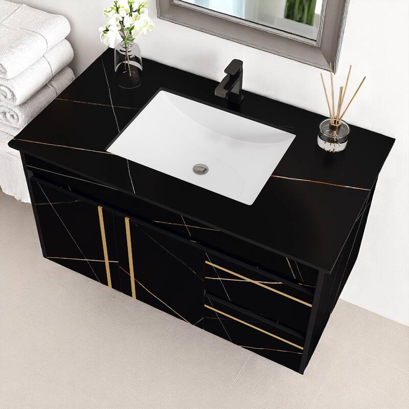 35.4" Wall-Mounted Bathroom Vanity with Faux Marble Top, Undermount Ceramic Sink, Floating Cabinet (Faucet Not Included)