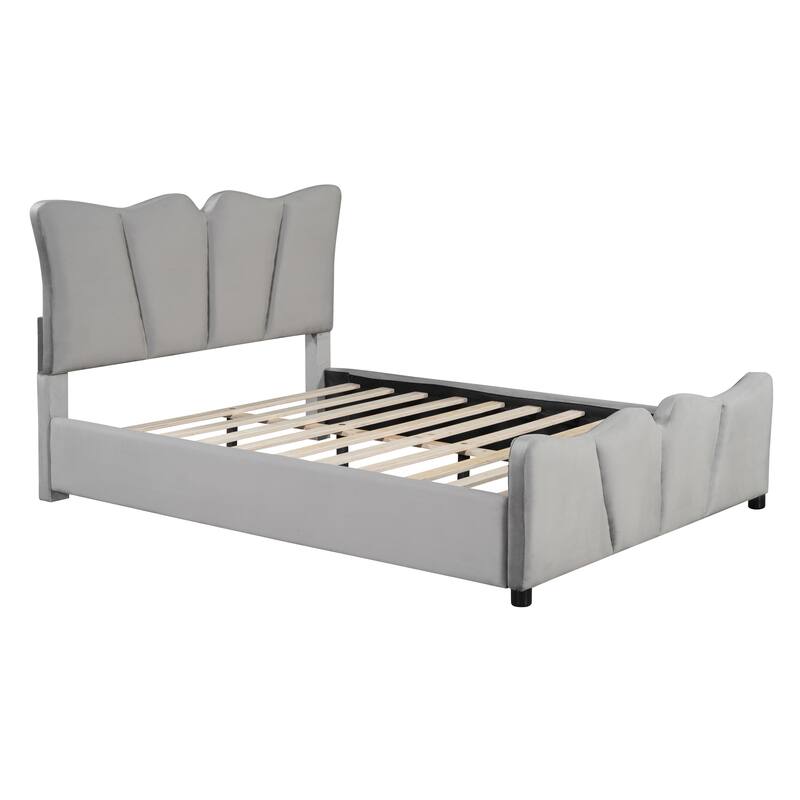 Full Size Upholstered Velvet Platform Bed Frame with Elegant Headboard, Sturdy Wooden Frame and Footboard Design for Bedroom